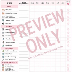 May include: A pink and white family chore chart featuring sections for daily, weekly, outdoor, and little helper tasks. The grid includes columns for responsible persons, days of the week, and a done checkbox. Text includes FAMILY CHORE CHART.