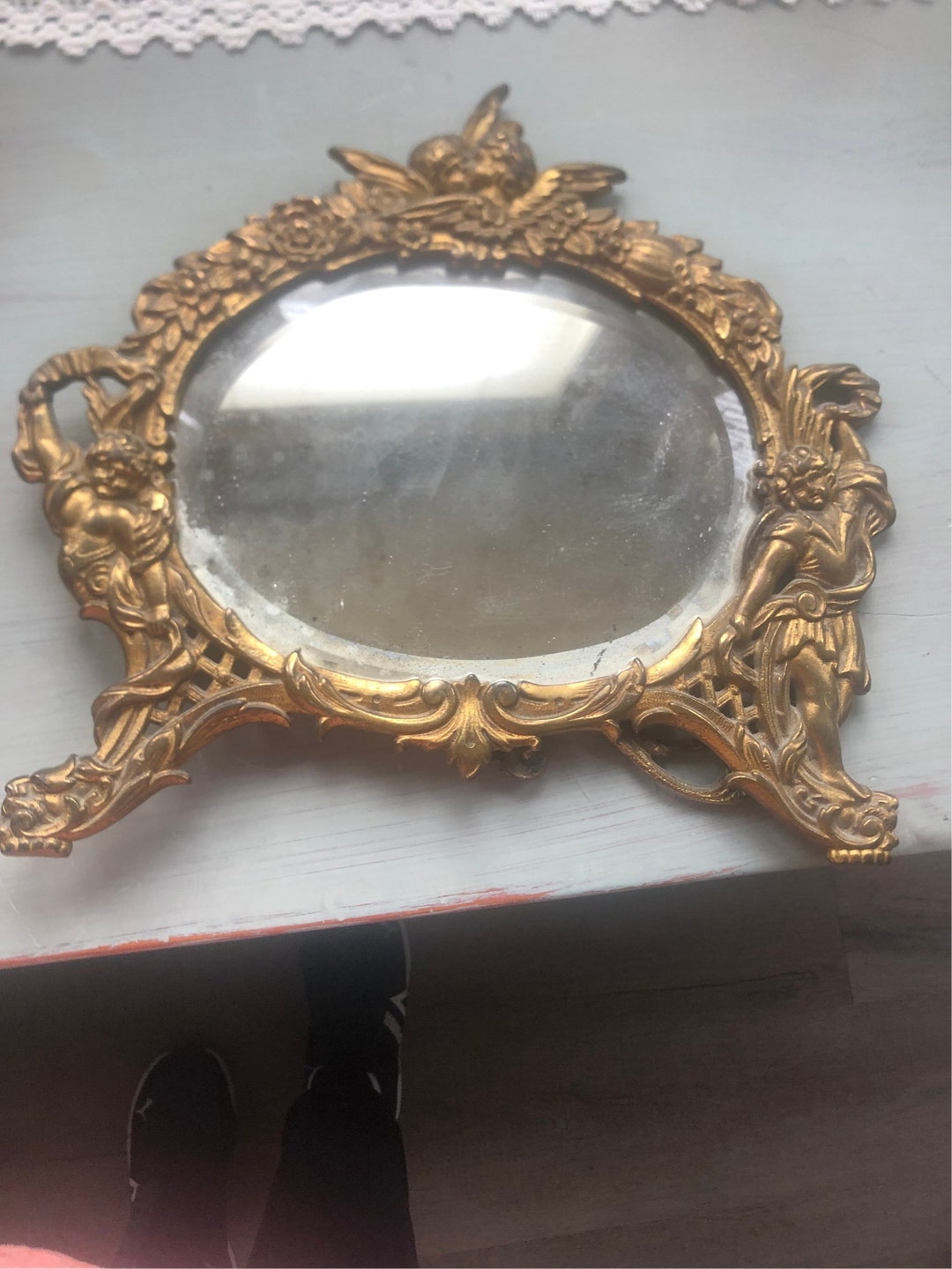 Antique Brass Tabletop Easel Backed Beveled Mirror Etsy