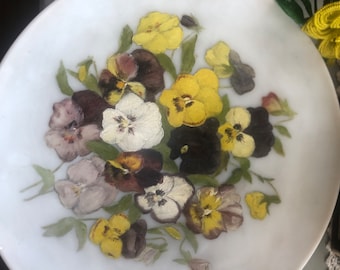 Antique Painting Of Pansies on Glass Plate