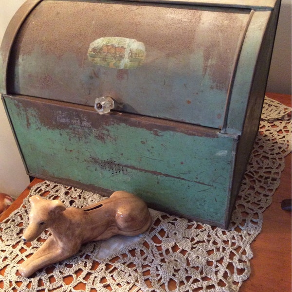 Aqua green chippy metal bread box
