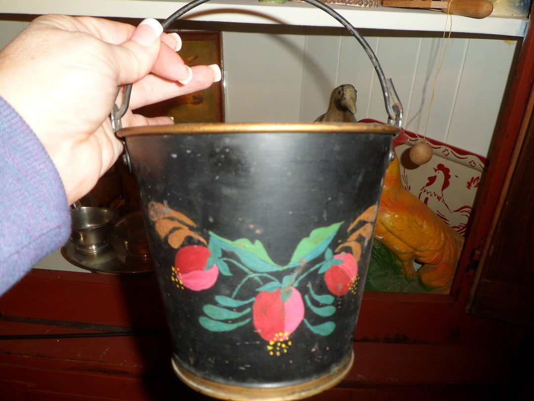 Old Signed Tole Painted Tin Bucket With Handle Etsy UK