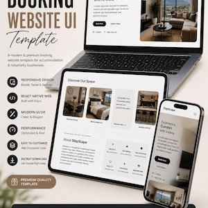 May include: A digital booking website UI template displayed on a laptop, tablet, and smartphone. The interface features the StayScape brand, showcasing accommodation photos, booking buttons, and amenity icons. The layout includes text headers, navigation menus, and feature lists for hospitality businesses.