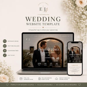 May include: A digital wedding website template displayed on a laptop and a smartphone. The screen shows a couple, Emma and James, with a countdown timer. Text includes 'Wedding Website Template', 'Emma & James', and '17 December 2026'.