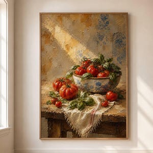 Poster con natura morta di pomodori, arte da cucina con basilico e ceramica blu, stampa di cibo italiano, decorazione murale rustica con prodotti agricoli