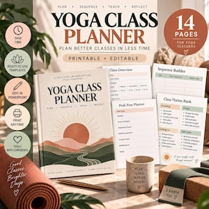 Könnte beinhalten: Ein 14-seitiger, druckbarer und bearbeitbarer Yoga-Kursplaner mit einem Einband, der eine Sonne und eine Berglandschaft zeigt. Das Set enthält Vorlagen für Kursübersicht, Sequenzaufbau, Peak-Pose-Planer und eine Themen-Datenbank.