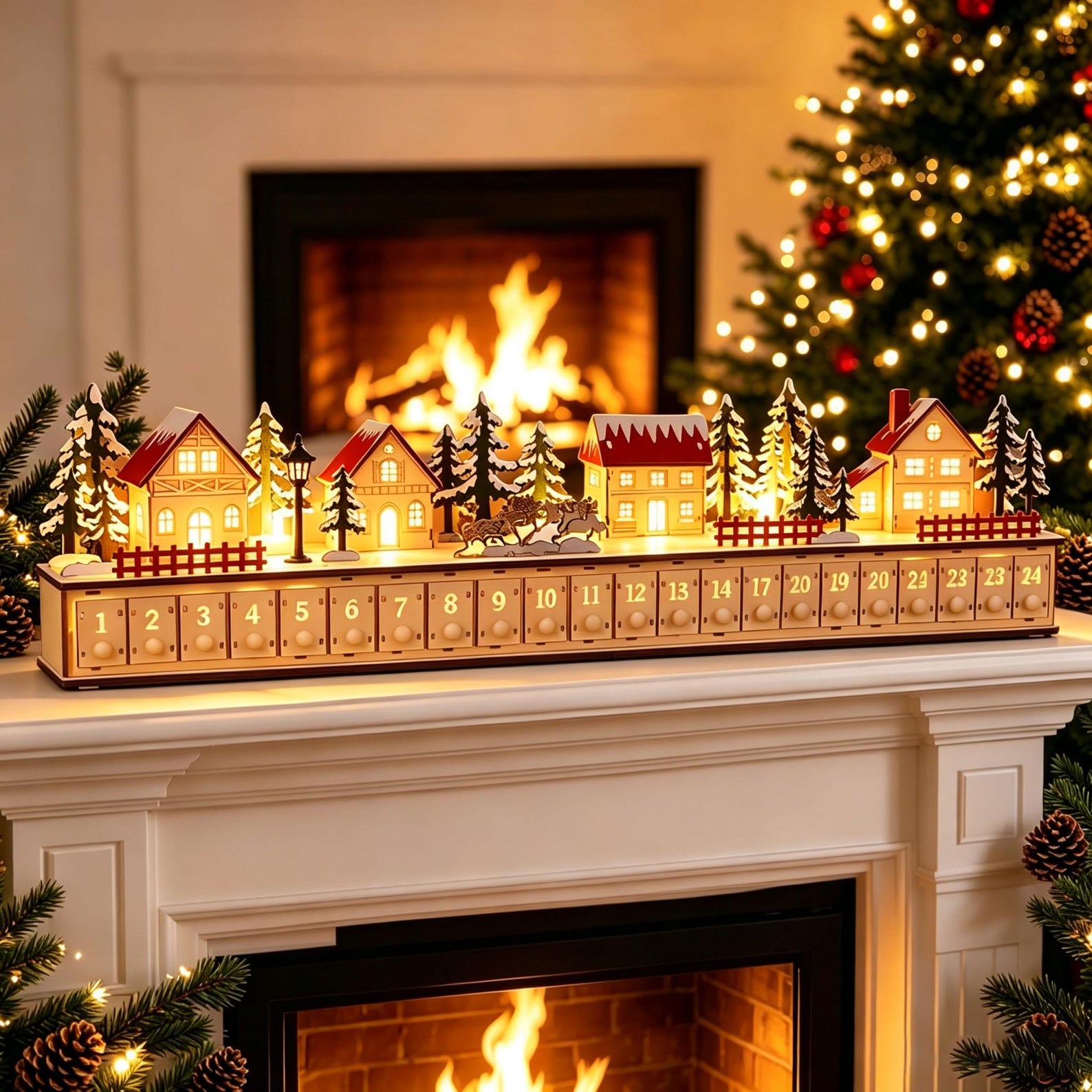 Wooden Advent Calendar 2026, Light Up Christmas Village, 24 Drawer Countdown Calendar, Reusable Holiday Decor, Christmas Gift