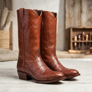 Könnte beinhalten: Ein Paar wadenhohe Westernstiefel in einem satten Cognacbraun. Die Stiefel verfügen über ein strukturiertes, geprägtes Krokodilleder-Muster am Fußteil und einen glatten Lederschaft sowie einen Absatz in Schichtoptik aus Holz.