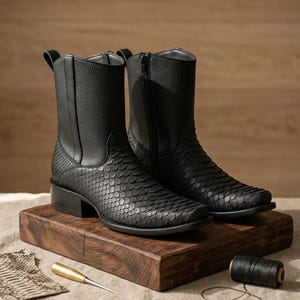Puede incluir: Un par de botas negras con un patrón texturizado similar a escamas en la parte inferior y una parte superior de cuero granulado. Las botas tienen punta cuadrada, cierre de cremallera lateral y una trabilla en la parte superior, sobre un tacón bajo.