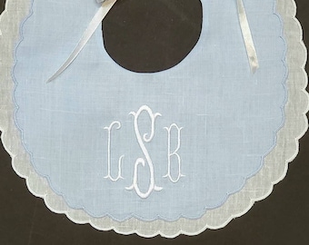 Personalized Heirloom Blue Linen Bib