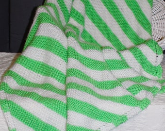 Soft Hand Knit Baby Blanket in Green and White Diagonal Stripes