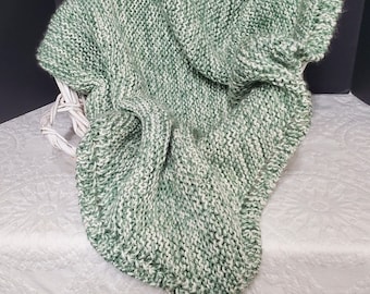 Sage Green and Cream Hand Knit Baby Blanket