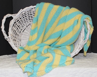 Soft Hand Knit Baby Blanket in Aqua and Yellow Diagonal Stripes