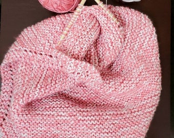 Soft Pink and White Hand Knit Baby Blanket