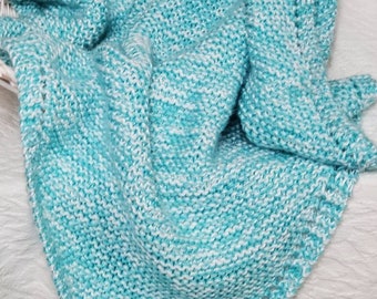 Soft Aqua and White Hand Knit Baby Blanket