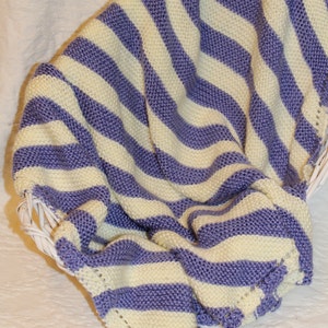 Soft Hand Knit Baby Blanket in Purple and Cream Diagonal Stripes image 1