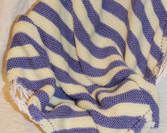 Soft Hand Knit Baby Blanket in Purple and Cream Diagonal Stripes