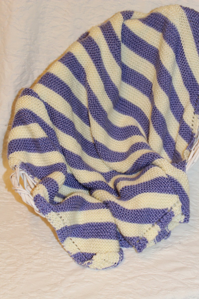 Soft Hand Knit Baby Blanket in Purple and Cream Diagonal Stripes image 1