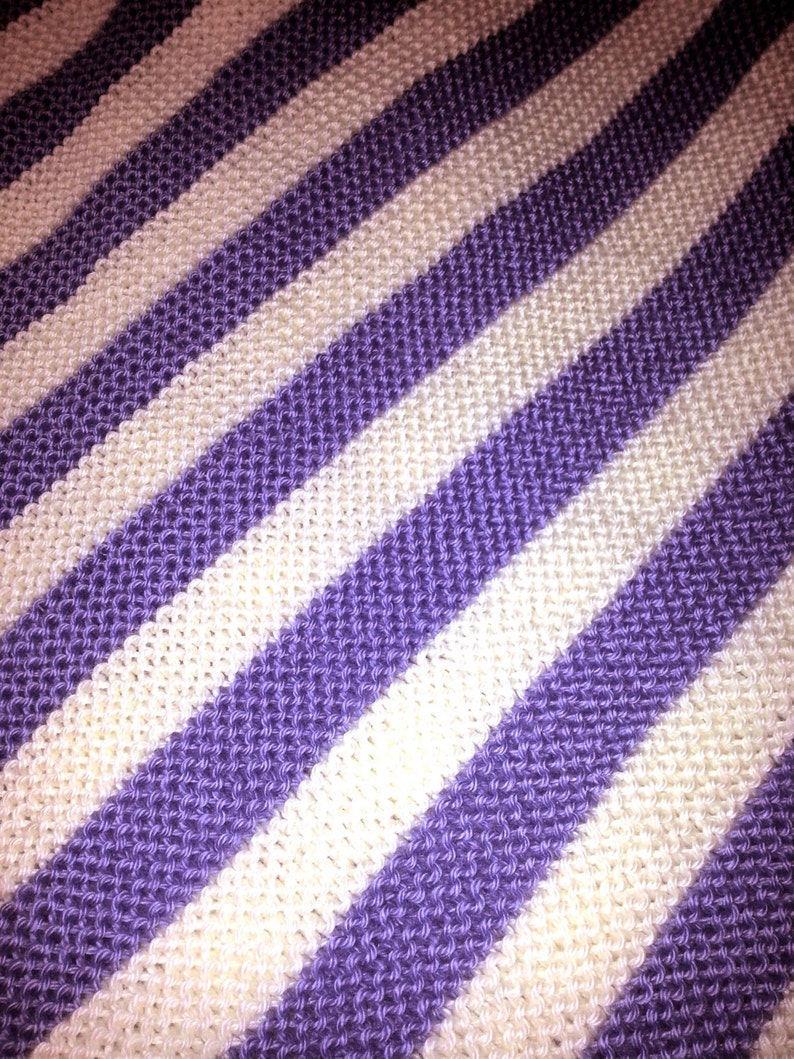 Soft Hand Knit Baby Blanket in Purple and Cream Diagonal Stripes image 4