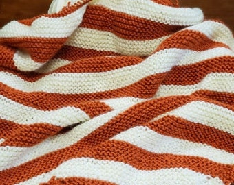 Soft Hand Knit Baby Blanket in Burnt Orange and Cream Stripes