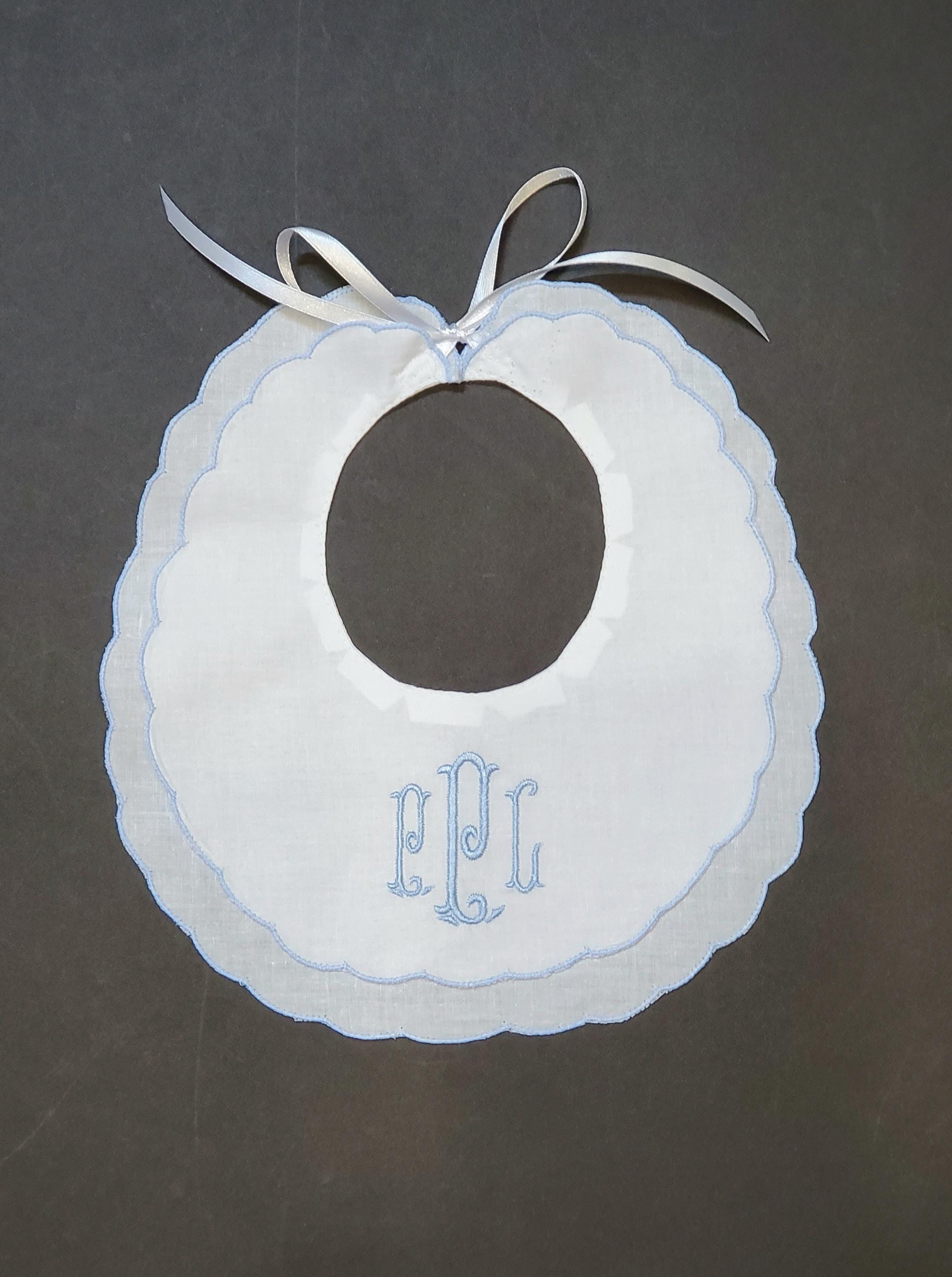Personalized Heirloom White Bib with Blue Trim