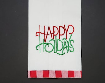 Happy Holidays or Merry Christmas Embroidered Kitchen Towel