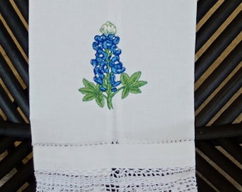 Bluebonnet Linen Hand Towels with Crocheted Edge