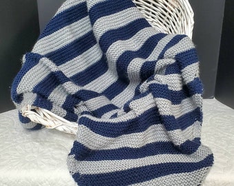 Soft Hand Knit Baby Blanket in Silver and Blue Diagonal Stripes