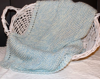 Soft Blue and Cream Hand Knit Baby Blanket