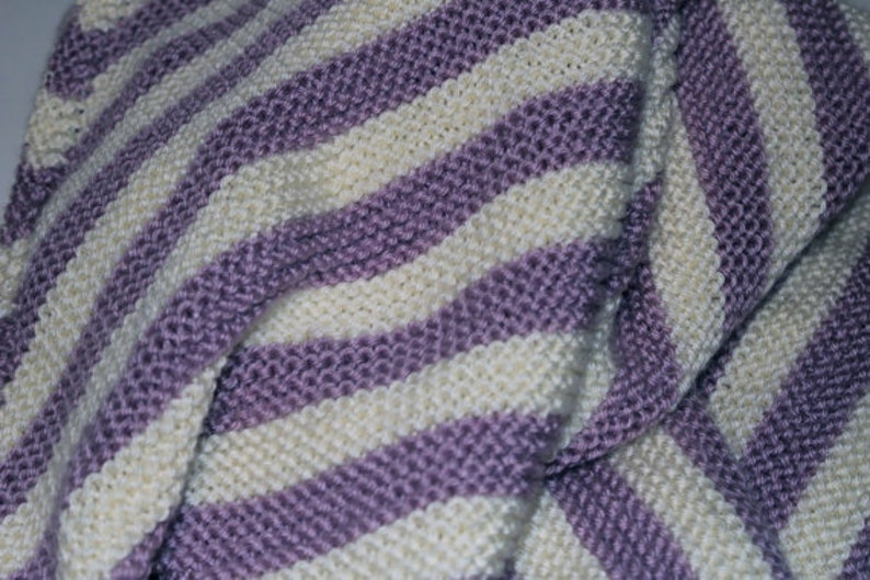 Soft Hand Knit Baby Blanket in Purple and Cream Diagonal Stripes image 3