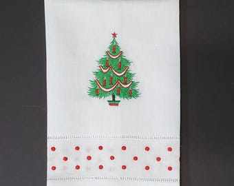 Embroidered Christmas Tree design Linen hand towels