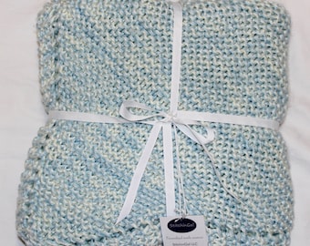 Medium Blue and Cream Hand Knit Baby Blanket