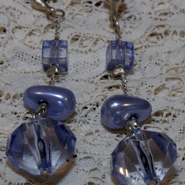 Vintage Lilac Blue Bead Drop Earrings on a Silver Tone Chain image 1
