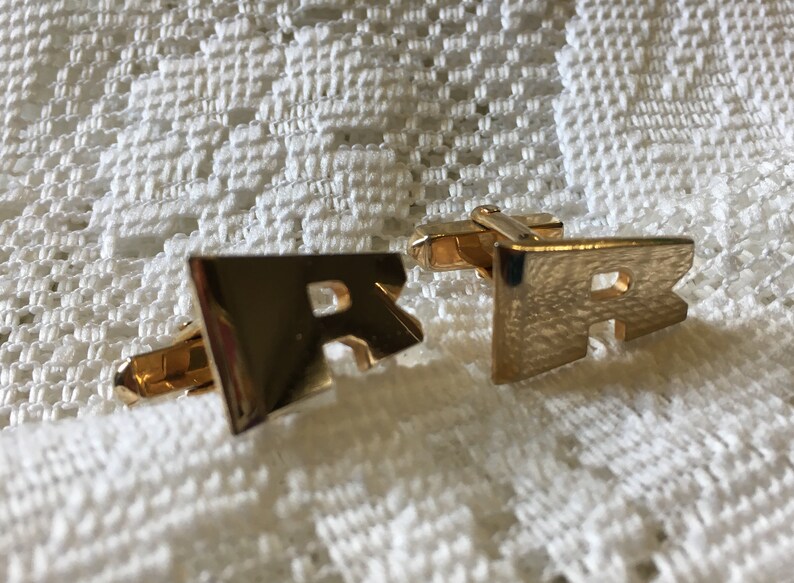 Vintage Cuff Links Letter R Monogram Name Initial Gold Tone Cufflinks Signed SWANK USA 1960s Mens Shirt Accessory