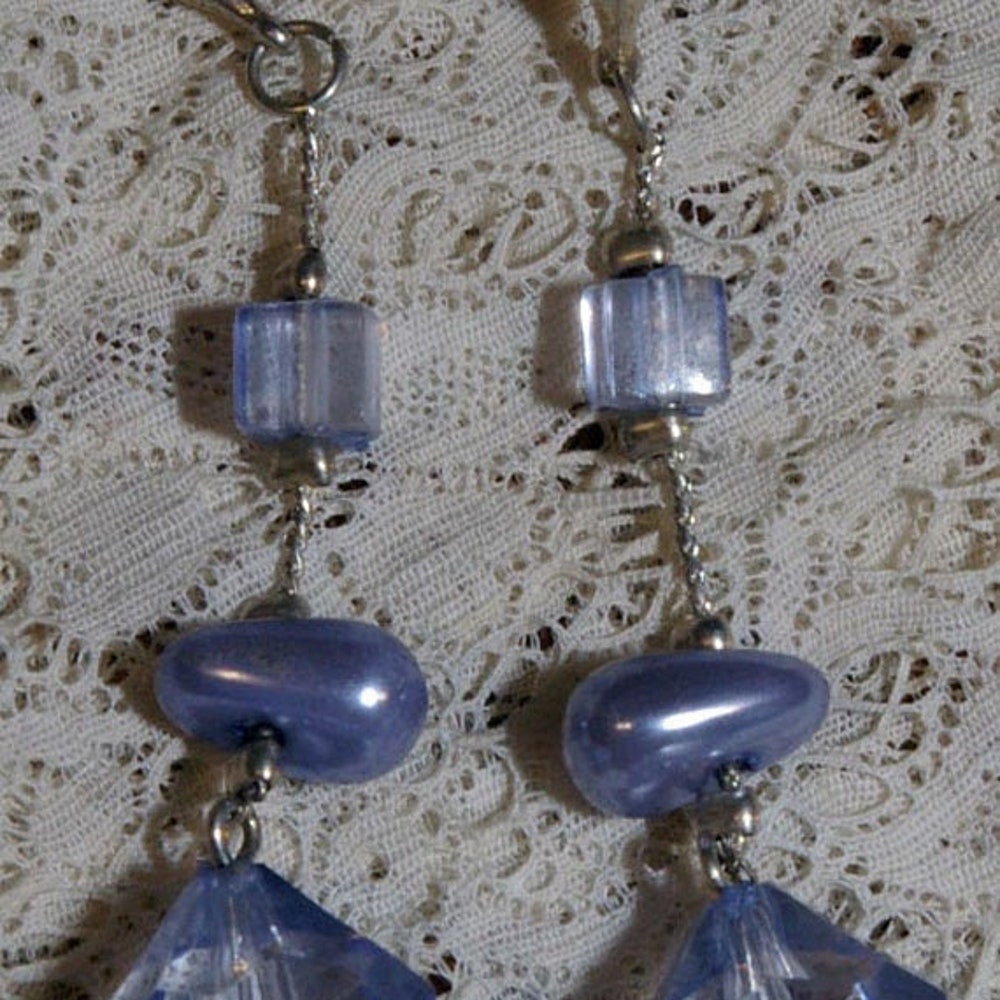 Vintage Lilac Blue Bead Drop Earrings on a Silver Tone Chain image 0