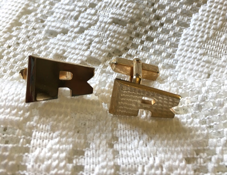 Vintage Cuff Links Letter R Monogram Name Initial Gold Tone Cufflinks Signed SWANK USA 1960s Mens Shirt Accessory