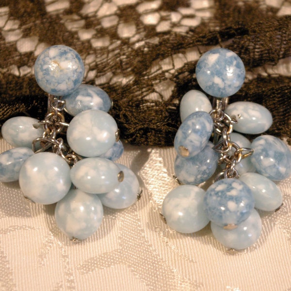Vintage 1950s Cloudy Blue Bead Stone Dangle Chain Clip On image 1