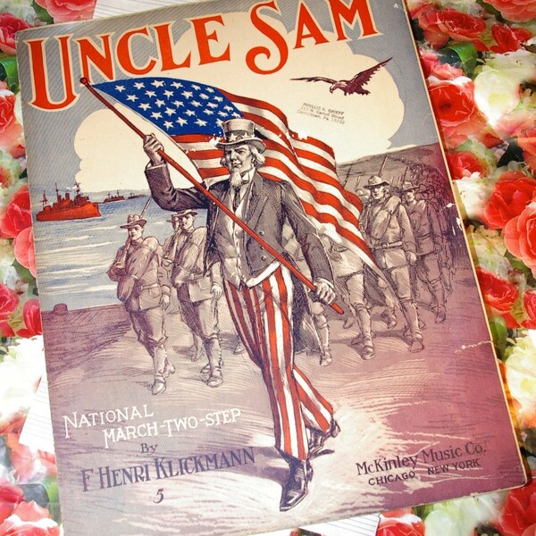 Vintage 1911 Uncle Sam National March Two Step Sheet Music Patriotic Americana Cover Art