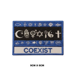 May include: A rectangular embroidered patch measuring 9 cm by 6 cm. The design features a black center band with white religious and cultural symbols, bordered by blue stripes with smaller white icons. The word COEXIST is stitched in blue.