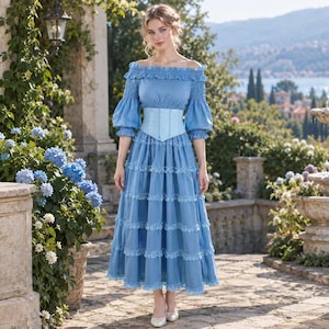 Women's Sky Blue Off-Shoulder Tiered Lace Corset Maxi Dress