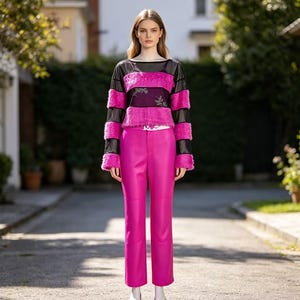 Fuchsia Faux Fur Mesh Patchwork Two‑Piece Outfit