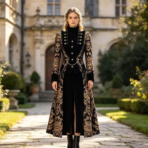 May include: A long black coat featuring intricate gold brocade patterns on the lapels and sleeves, a high collar, and a central row of gold buttons connected by a thin gold chain. The garment is worn over a black turtleneck and a black skirt.