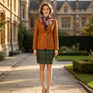 Puede incluir: Una americana de color naranja quemado con cierre de un solo botón, combinada con una parte superior marrón oscuro y una falda verde oscuro con un patrón de cuadrícula verde claro. Un pañuelo de seda estampado en tonos rojos, blancos y marrones.