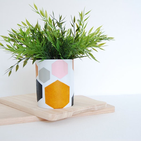 Vase "Hexagons" Grey, Pink, Camel and Black - Handpainted