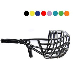 May include: Black wire dog muzzle with a leather strap and buckle. The muzzle features a cage-like design with vertical and horizontal bars. A series of colored dots are above the muzzle.
