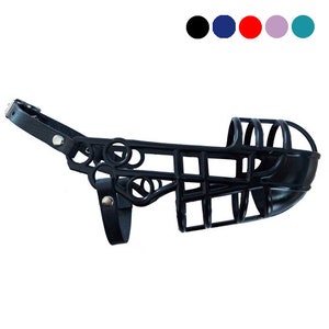 May include: Black plastic dog muzzle with a leather strap and metal fittings. The muzzle has a cage-like design with multiple bars.