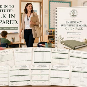 Puede incluir: Un planificador de espiral Emergency Substitute Teacher Quick Pack con diez páginas imprimibles. La portada presenta un logotipo de árbol, el título y un gráfico de carpeta verde. Las páginas incluyen formularios para horarios y asistencia.