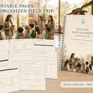 Può includere: Un pacchetto a spirale Field Trip Safety & Planning Quick Pack con 9 pagine stampabili. La copertina mostra uno scuolabus, bambini e il testo 9 PRINTABLE PAGES. ONE ORGANIZED FIELD TRIP. FIELD TRIP SAFETY & PLANNING QUICK PACK.