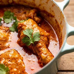 Könnte beinhalten: Ein hellblauer gusseiserner Topf mit Emaille-Beschichtung, gefüllt mit Hähnchenstücken in einer dicken, orange-roten Currysauce. Das Gericht ist mit frischen grünen Korianderblättern garniert und der Topf hat integrierte Seitengriffe.