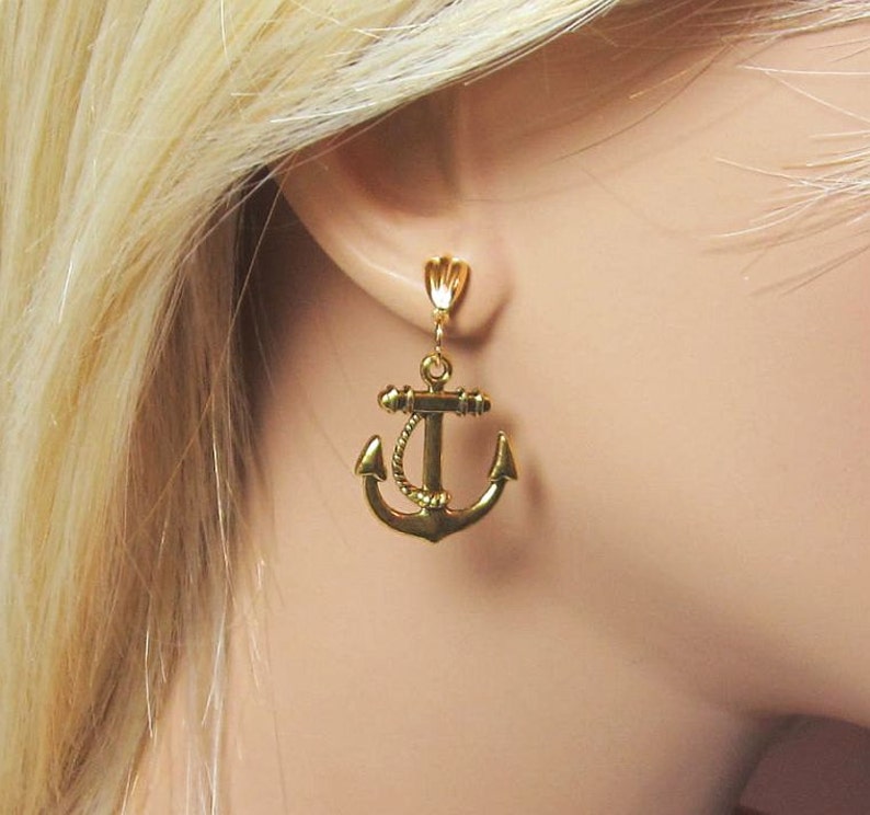 Nautical Anchor Earrings on Gold Tone Seashell Ear Post Etsy
