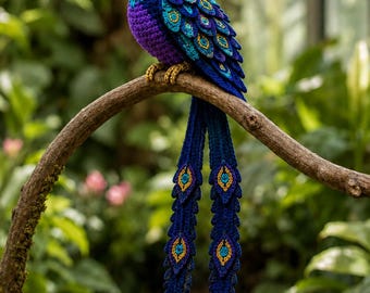 Jeweled Twin-Tail Bird Crochet Pattern: Layered Feather Amigurumi Sculpture PDF Tutorial